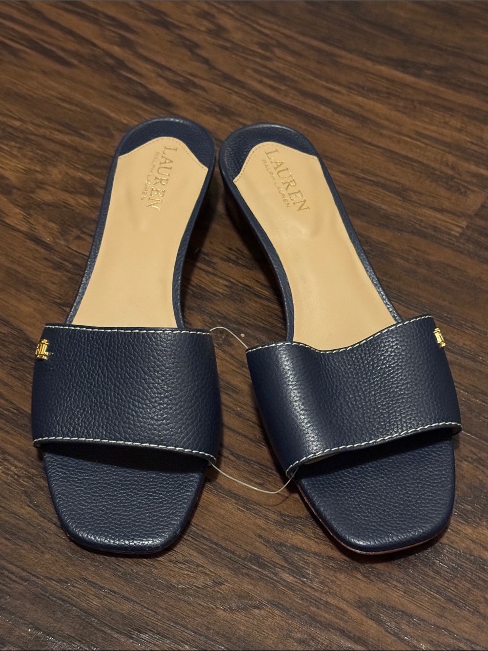Lauren Ralph Lauren Navy Leather Slide Mules with Gold Logo